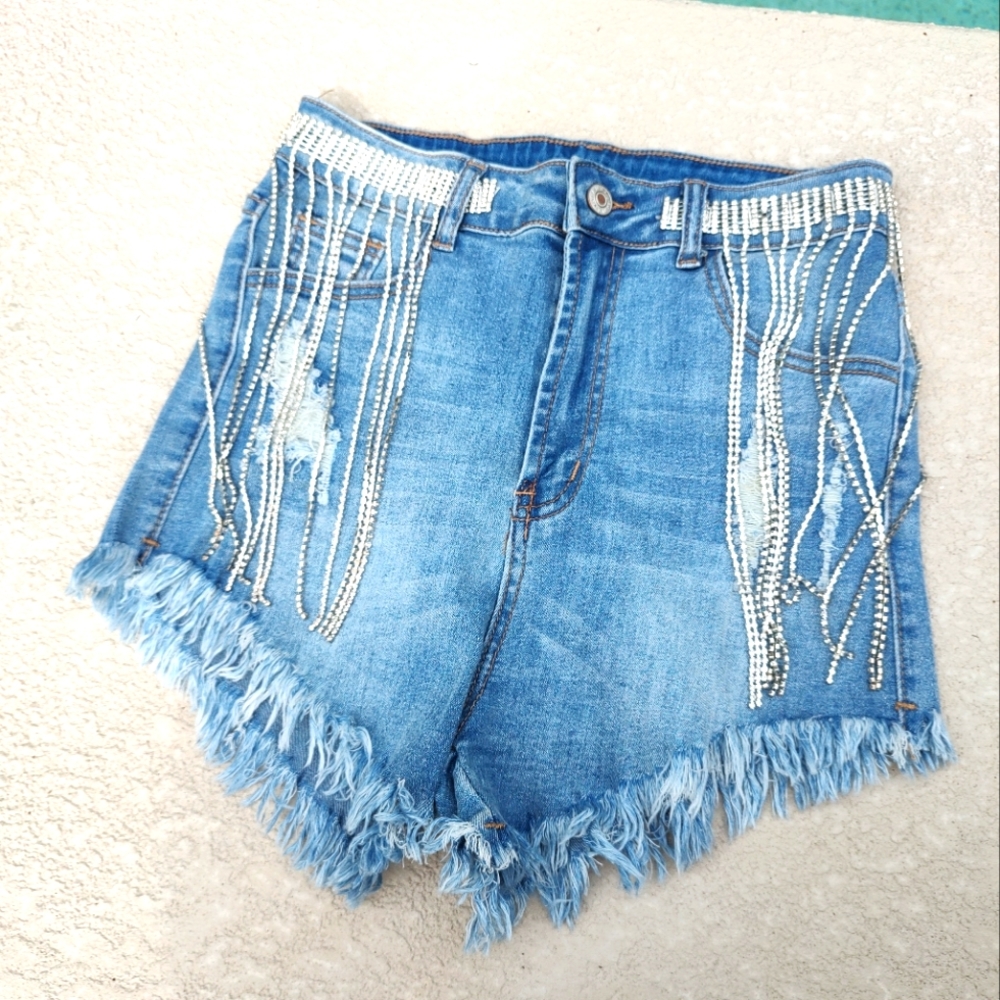 High waisted distressed rhinestone fringe jean shorts - Picture 9 of 16